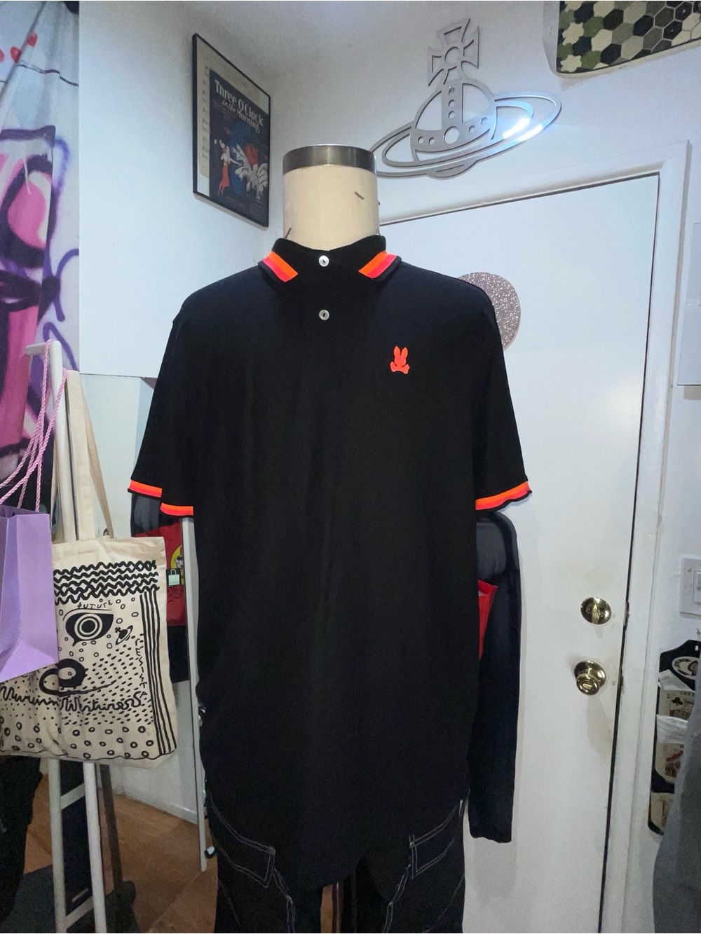 Psycho Bunny Men’s XL Orange and Pink Striped Polo